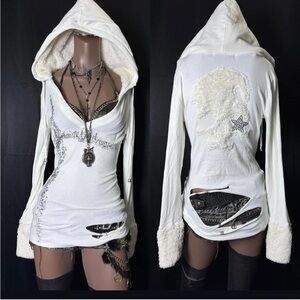 White Hooded Women Top with Distressed Details